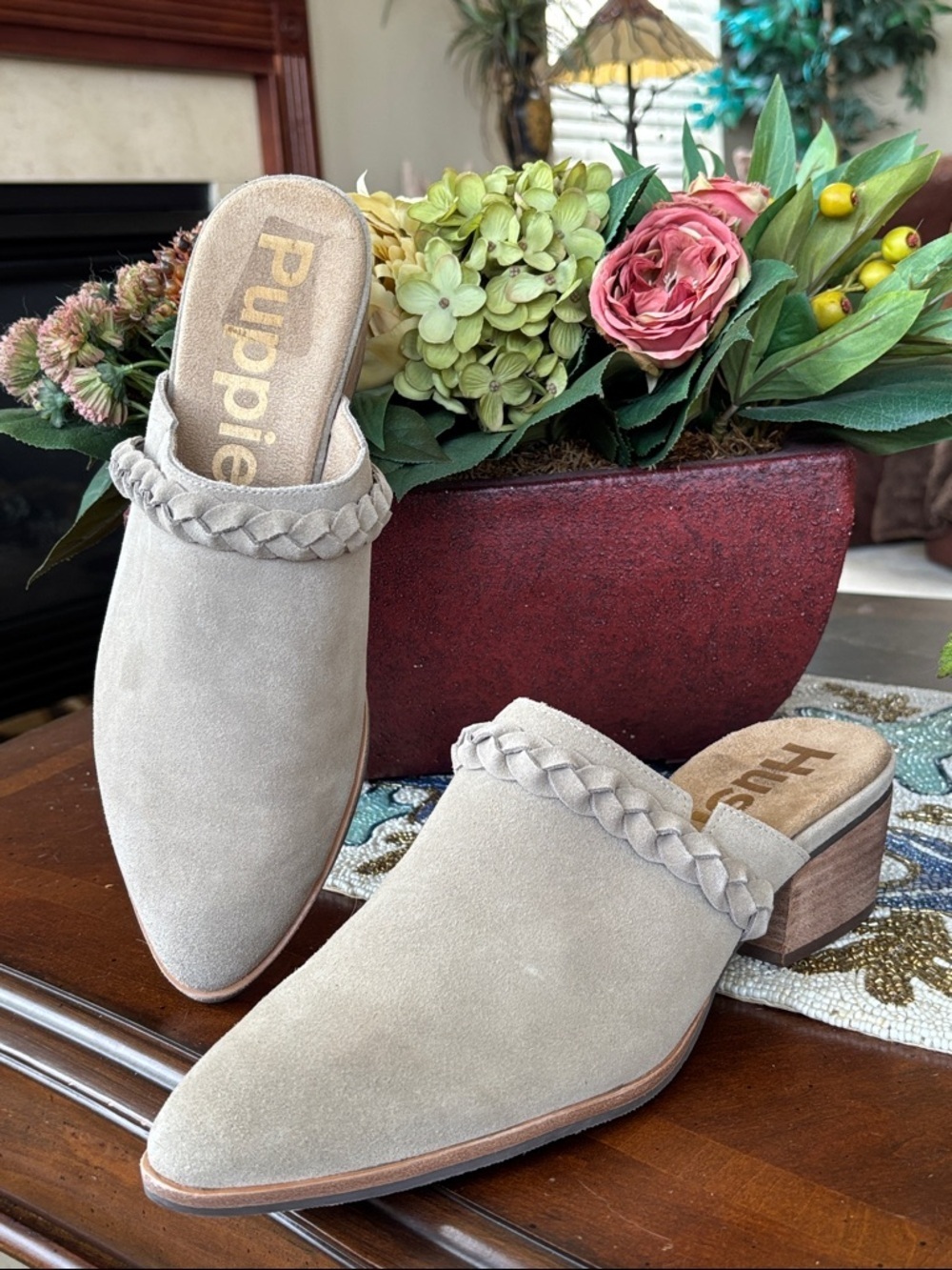Brand New Hush Puppies Taupe Suede Braided Slip-On Sierra Mules Stacked Heel